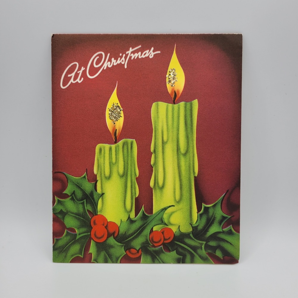 Vintage At Christmas Card Candles Holly Berries Gold Glitter‎ Made in USA